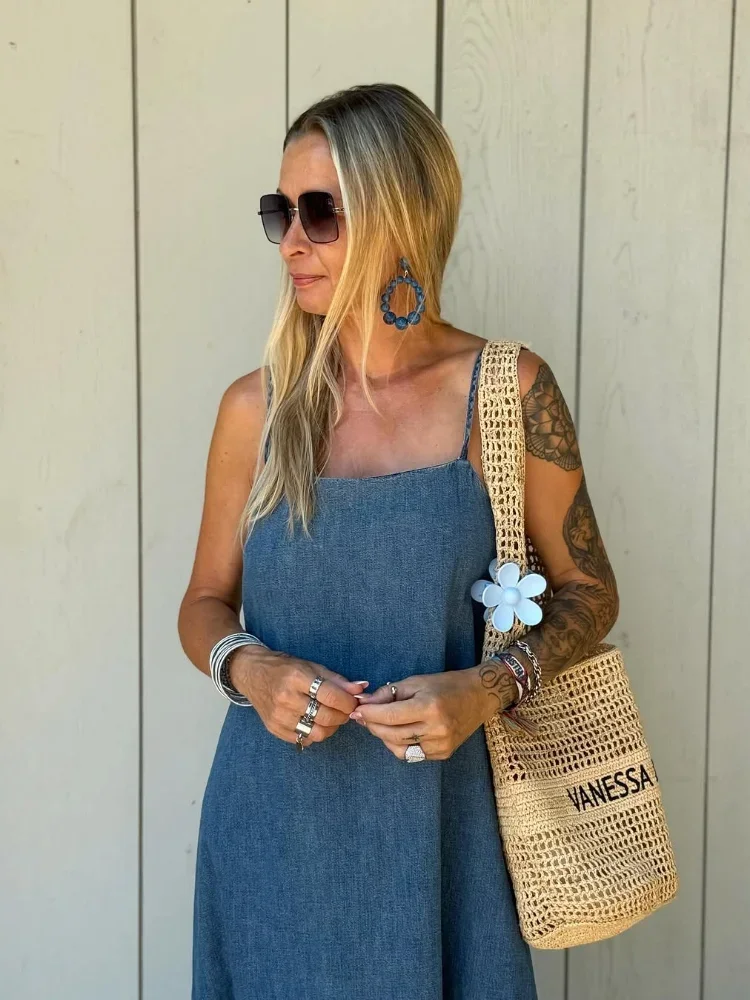 Bule-Vestido largo vaquero con espalda descubierta para mujer, Vestido informal sin mangas con cuello cuadrado, vestidos largos con tirantes, Vestido diario para ir al trabajo en verano 2025