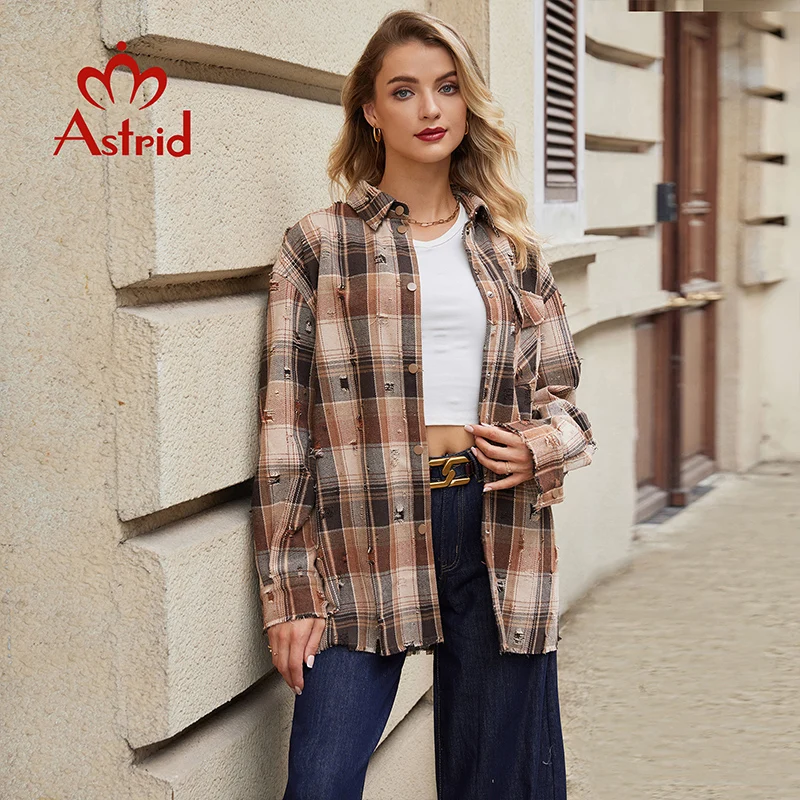 Astrid Camicia scozzese da donna Cappotto a quadri Scavato Design con foro spezzato Bottone con risvolto Stile moda Top ampio Camicette chic Camicie