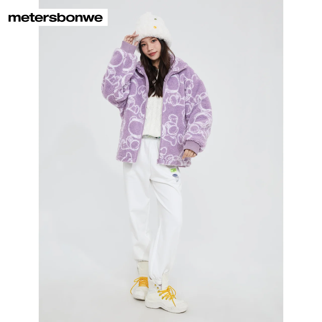 Metersbonwe-Women's Outdoor Woven Jacket  Imitation Lamb Wool Stand Collar Stylish Windproof Coldproof Warm Outerwear Winter