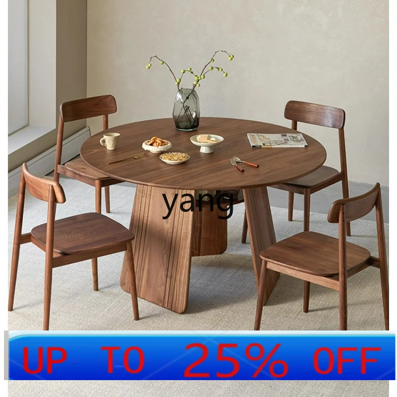 

LTT solid wood round dining table household retro round table with turntable rock slab dining table