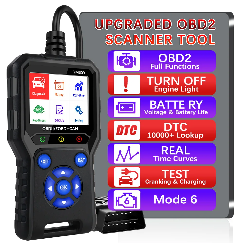 

Автомобильный диагностический сканер YM509 для стирания кодов ошибок, OBD2 сканер двигателя, OBD 2 сканер, многоязычный считыватель кодов ODB2