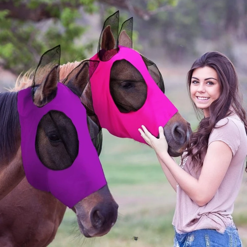 Summer Horse Fly Mask Breathable Solid Color Mesh Full Face Cover with Ears Anti-mosquito Mask for Horses Equestrian Supplies