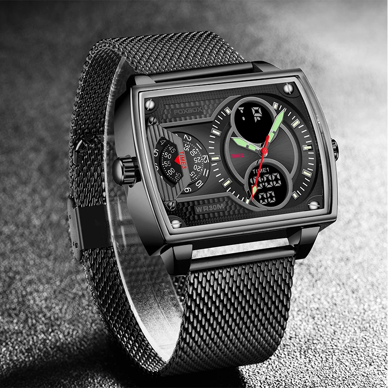 Top Brand FOXBOX Classic Square Fashion For Men Watches 30M Waterproof Sports Watch Double Display Digital Quartz Wrist Watch