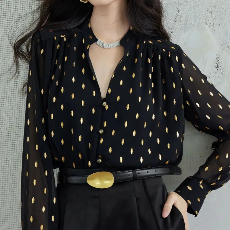 2026 Autumn New Chiffon Pattern Glass Buckle Small Stand-up Collar Loose Straight Shirt Women