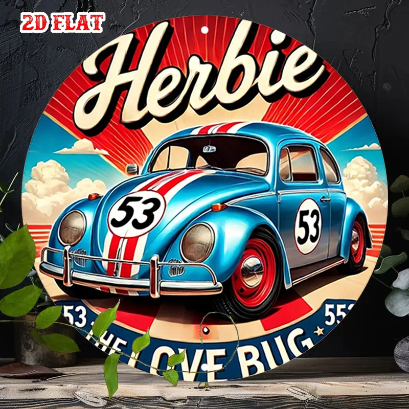 Letrero Metálico de Aluminio 2D Plano de 1 Pieza con Diseño de Love Bug, Letrero Redondo de Aluminio con Rayas de Carreras, Letrero Redondo Vintage de Aluminio de 7.87X7.87