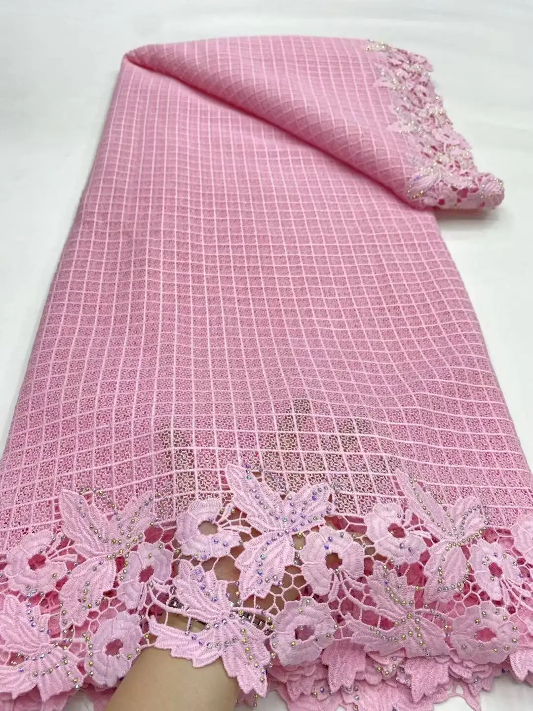 

Hot Selling African Lace Fabrics Cotton Embroidery Fabric Swiss Voile Lace With Stones For Wedding Sewing 5Yards