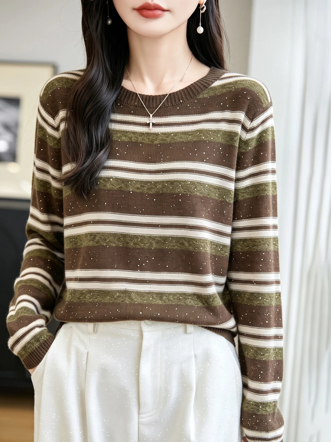 Casual Korean Style Glitter Stripe Knitwear Women's Loose Long Sleeve Base Layer Top Slimming Effect Coffee Color Sweater