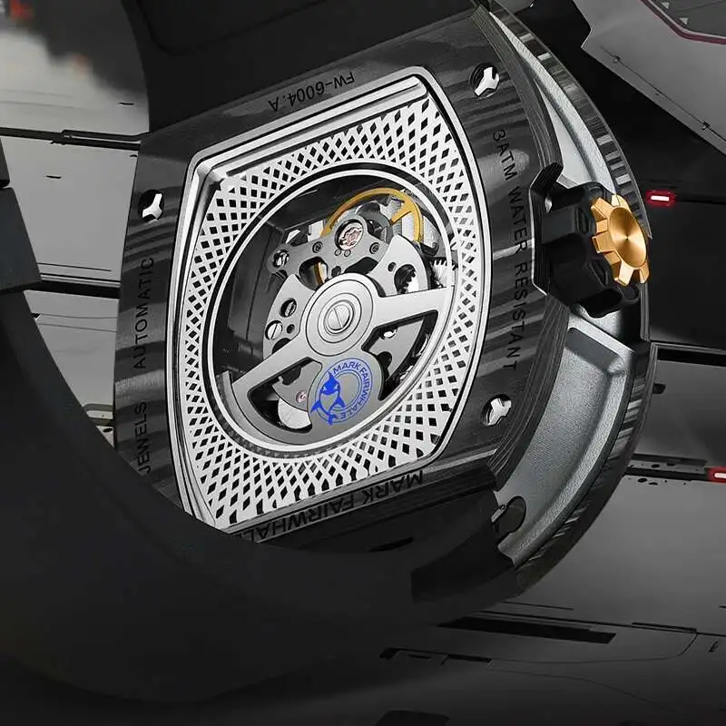 Mark Fairwhale 6004 Orologio meccanico alla moda da uomo Cinturino in caucciù impermeabile Tourbillon cavo Design con botte di vino da combattimento