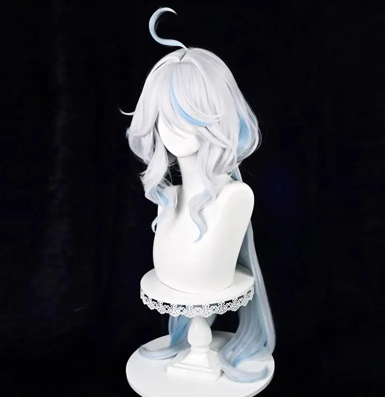 원신 임팩트 포칼러 코스프레 가발, 실버 화이트 연청 하이라이트 가발, 긴 곱슬 가발, 코스프레 액세서리용 레이어드 가발