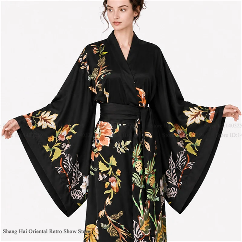 Print Flower Female Long Robe Big Sleeve Kimono Bathrobe Gown Spring Summer Silk Satin Sleepwear Night Dress Loose Homewear image 5