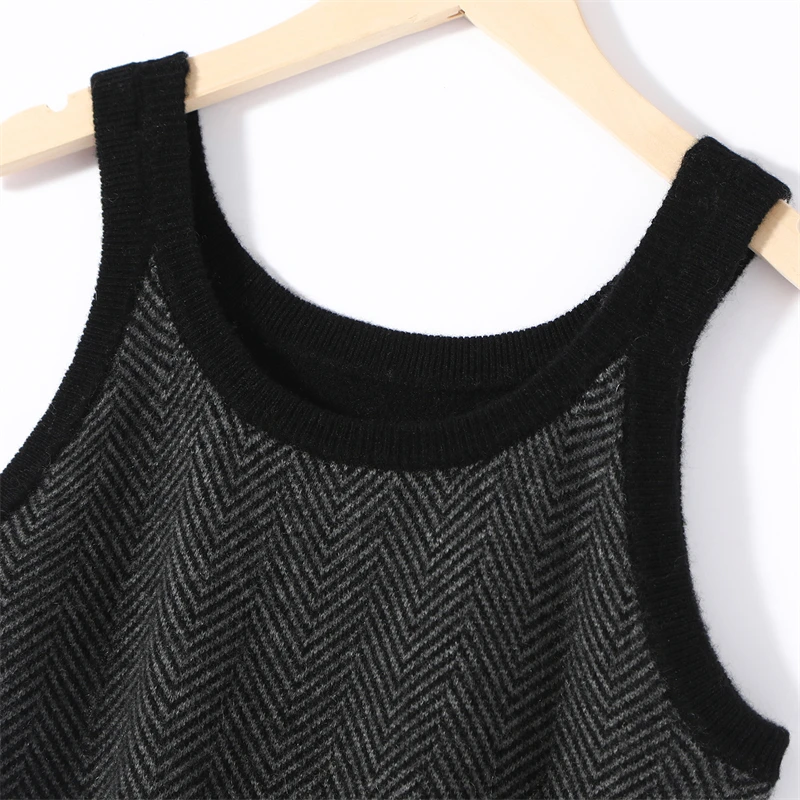 

New Women Cashmere Sweater Vest Herringbone Pattern Sleeveless Pullover Autumn Winter 100% Cashmere Knitted Waistcoat Top