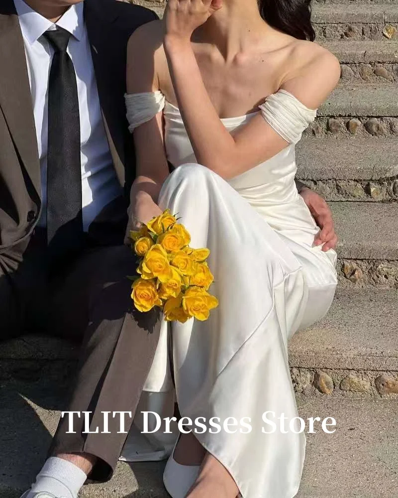 Eleganckie Białe Sukienki Ślubne z Jedwabnej Satyny na Imprezę, Koreańskie Sesje Zdjęciowe, Drapowane Suknie Ślubne z Odkrytymi Ramionami, Szyte na Miarę Suknie Wieczorowe Damskie