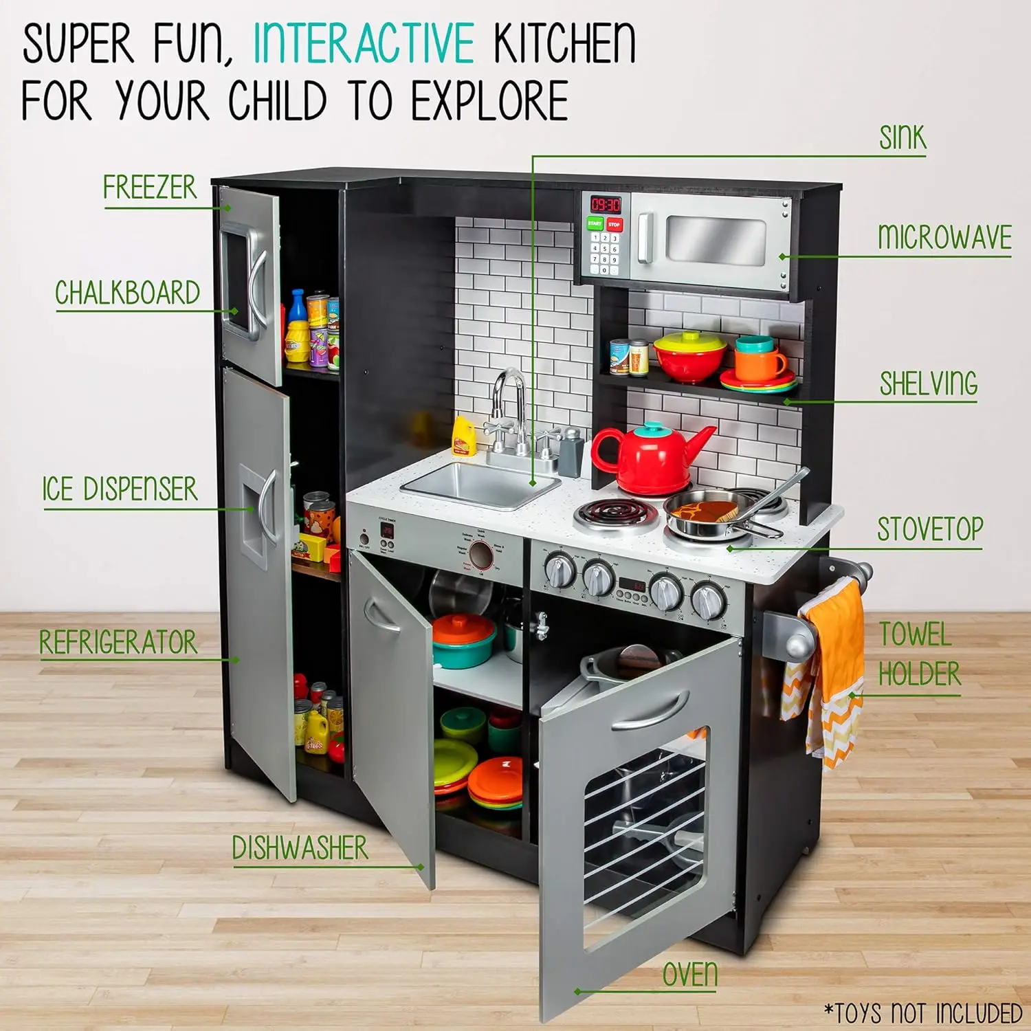 Lil' Jumbl Kids Kitchen Set, Pretend Wooden Play Kitchen, Battery Operated Icemaker & Microwave With Realistic Sound, Pots &