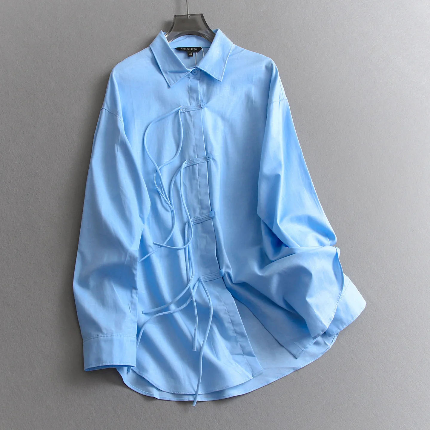 

SuperAen Chinese-style Linen Loose Mid-length Solid-color Polo Collar Sun-protective Shirt Long-sleeved Bow Single Breasted Tops