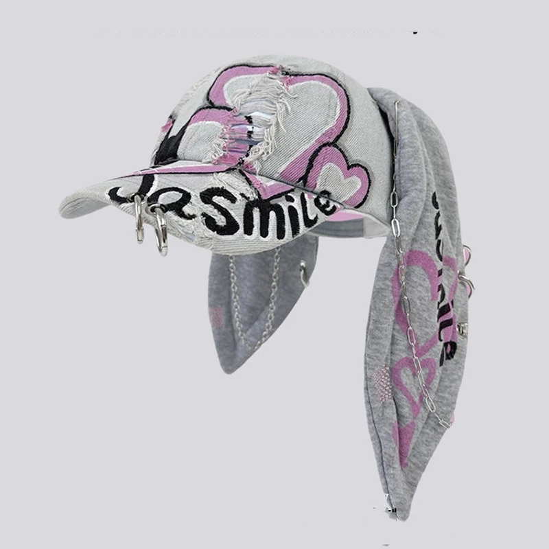 Gothic Cosplay Long Rabbit Ear Y2k Subculture Style Hat Punk Hole Baseball Cap Female Street Duck Hat Costume Accessaries