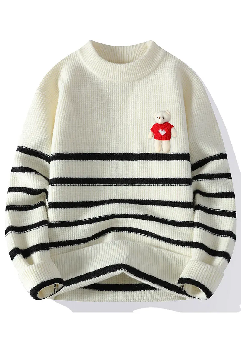 2025 Autumn/Winter High Quality Casual Men's Striped Round Neck Sweater Half High Neck Thick Solid Color Knitted Sweater