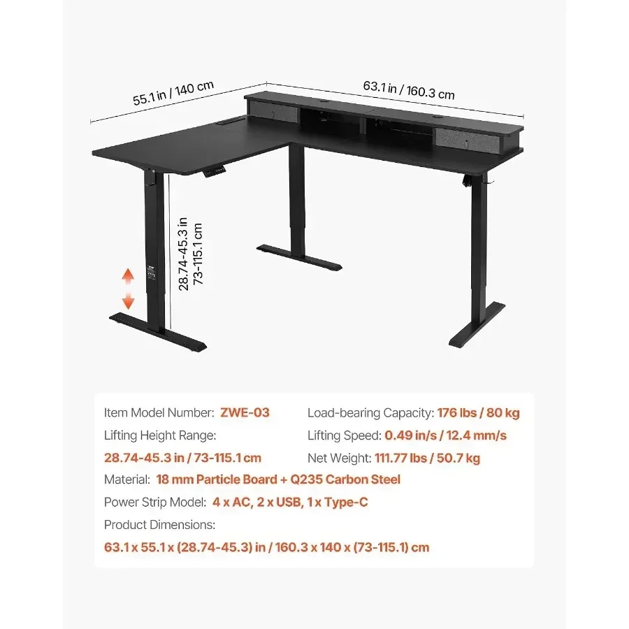 L Shaped Electric Standing Desk with 2 Drawers, 63 x 55 inch Adjustable Height Corner Desk with Storage, Sit Stand up Computer
