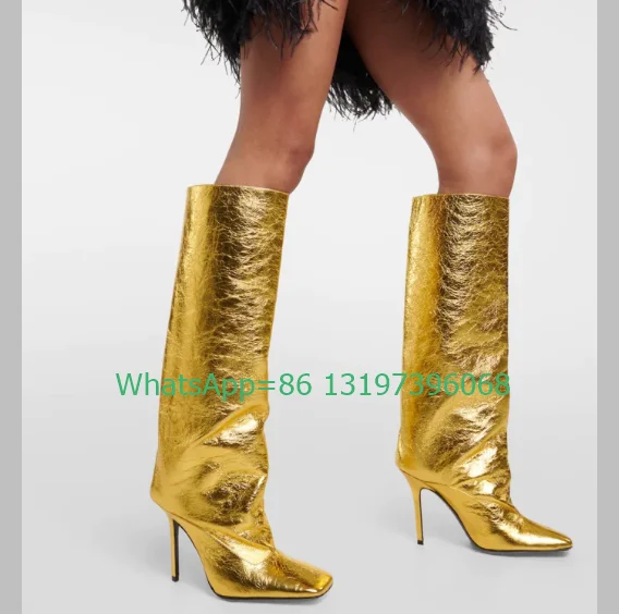 

Lady gold pattern printed knee boots square toe design stiletto heel boots PU sexy black new arrive daily punk boots size 35-46