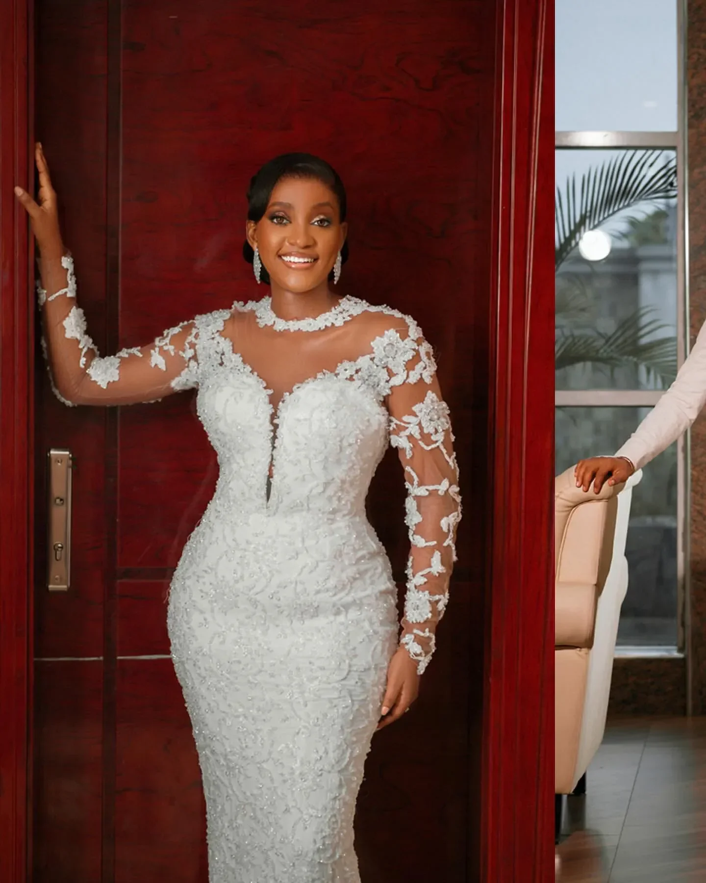 カスタムメイドのフルレースマーメイドウェディングドレス2025シアーネックロングスリーブプラスサイズブライダルパーティガウン結婚式の夜