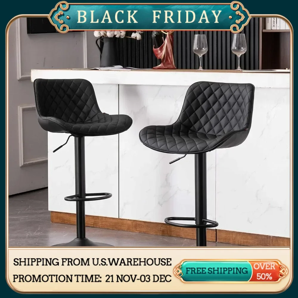 Black Bar Stools Counter Height Adjustable Bar Stool Set of 2 Faux Leather Padded Barstools Swivel Metal High Back Diamond Bar