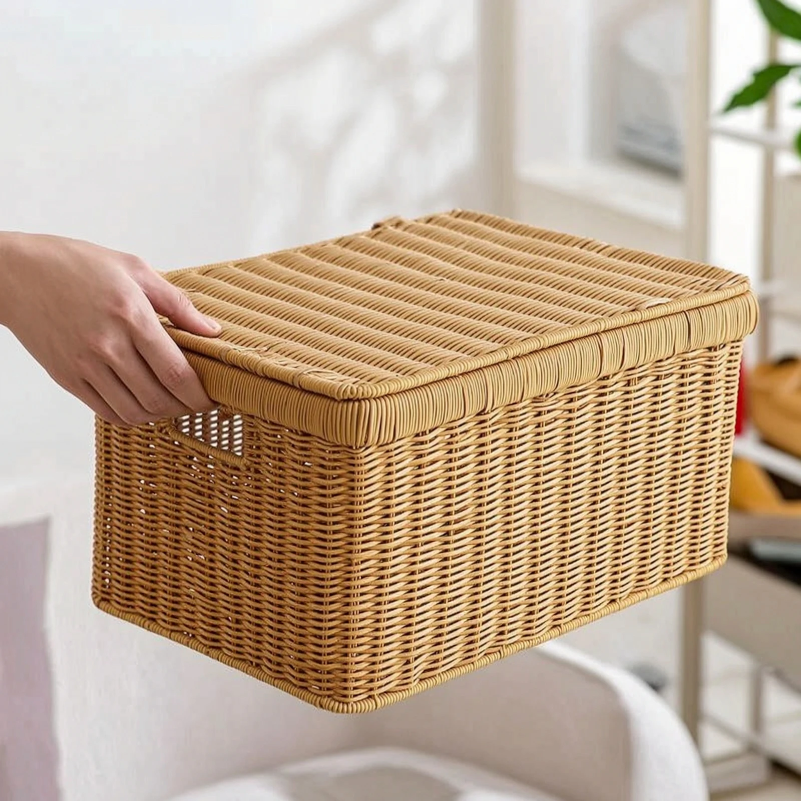 Storage Basket with Lid Decorative Storage Box with Lid Woven Box Slim Portable for Closet, Bedroom