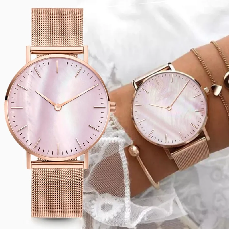 Luxury Rose Gold Watch Women Fashion Shell Dial Women\'s Quartz Wristwatch Stainless Steel Mesh Strap Simple Casual Ladies Clock