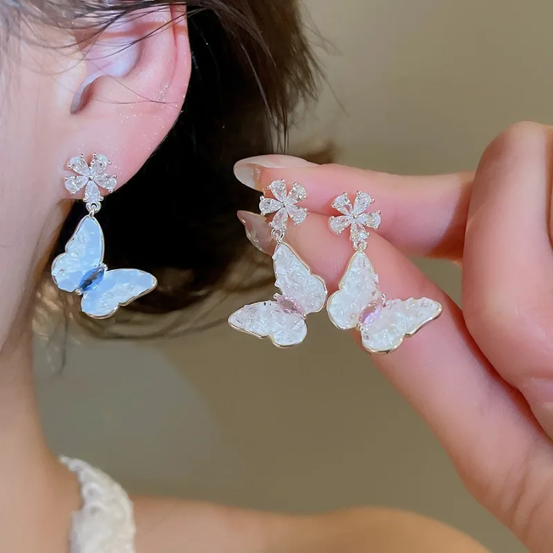 

Minar Fairy Full Pink Blue Color CZ Cubic Zirconia Butterfly Wings Dangle Earrings for Women Silver Plated Copper Party Jewelry