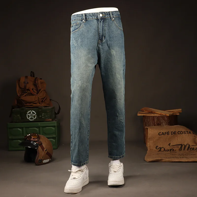

Летние тонкие модные брендовые свободные прямые рваные джинсы в американском стиле ретро, мужские молодежные модные укороченные брюки больших размеров