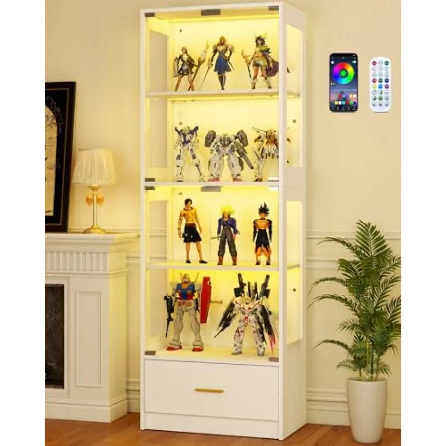 Glass Display Cabinet with Doors - Curio Cabinet for Collectibles, 67 White Narrow Cabinet with Dynamic LED Lights, 4-Tier Shel