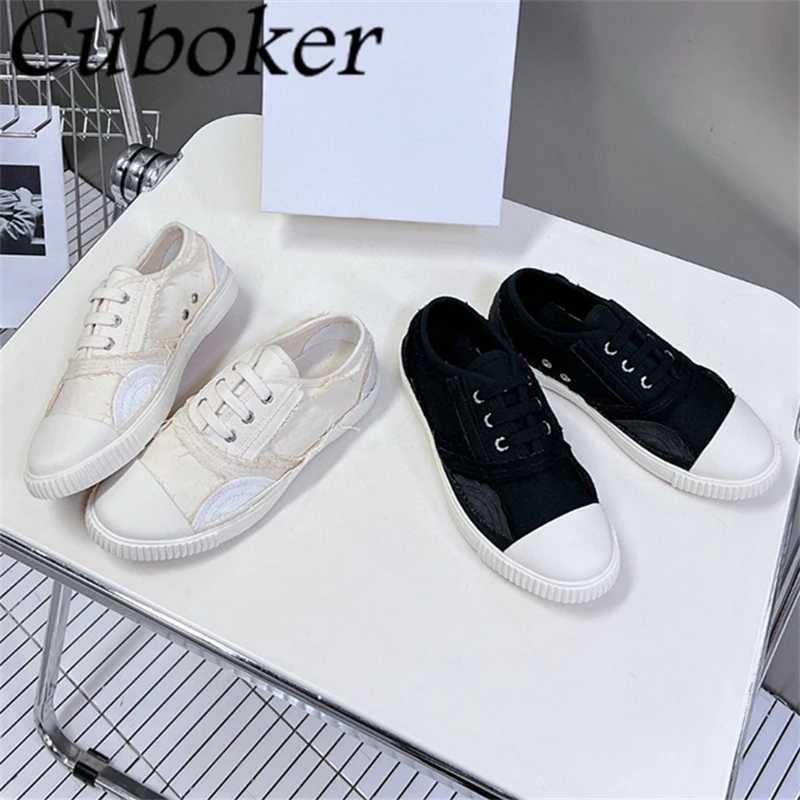 

2024 Autumn Lace Up Flats Canvas Shoes Women Designer Patchwork Round Toe Causal Sneakers Comfort Walking Trainers Shoes Mujer