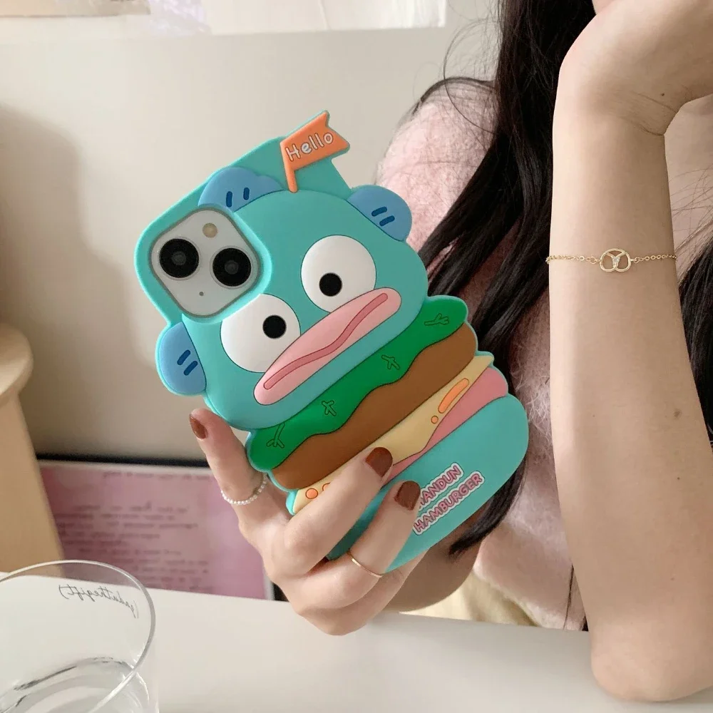 3D Cartoon Cute Sanrios Hangyodon Hamburger Phone Case for IPhone 15 14 13 12 11 Pro Max Soft Silicone Back Cover