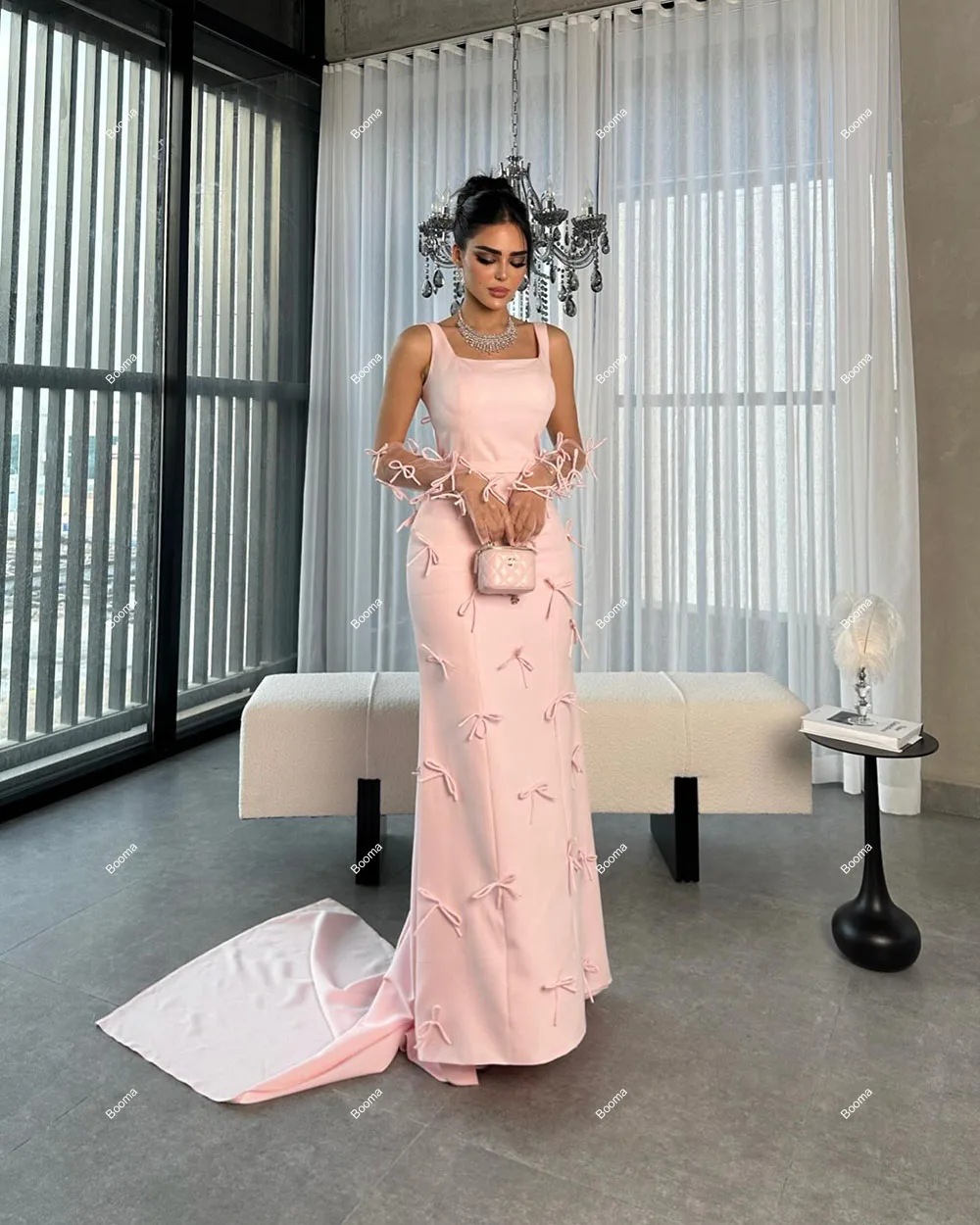 Booma Pink Mermaid Evening Dresses Square Collar Sleeveless Formal Occasion Dresses for Women Sweep Train Prom Gowns with Bow