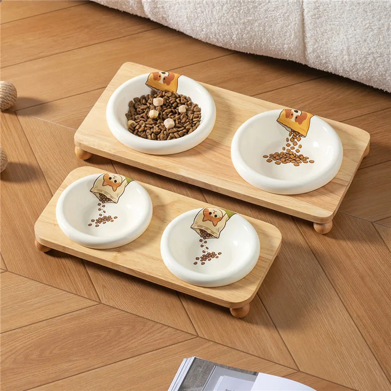 

Керамическая миска для кошек с приподнятой деревянной подставкой, защита шейного отдела позвоночника, миска для кормления щенков, миска для воды, товары для домашних животных