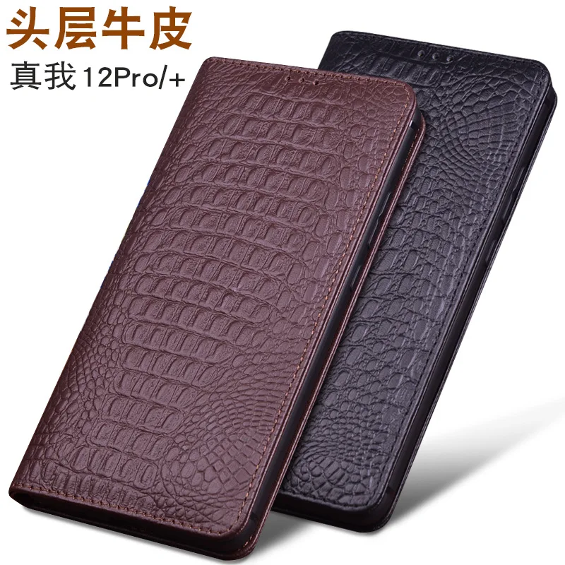 Wobiloo Luxury Real Cowhide Genuine Leather Flip Phone Cases For Oppo Realme 12 Pro Plus + Hell Full Cover Pocket Bag Case