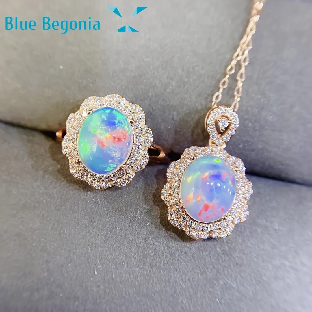 Natural Opal Jewelry Set Ring Earring Pendant Necklace Exquisite Wedding Party Jewelry Set for Women 8*10mm Gemstone