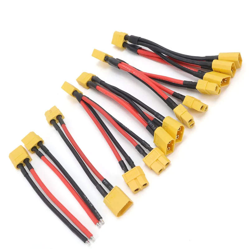 5Pcs XT60 Parallel Battery Connector 3-Way 14AWG Silicone Wire Male/Female Dual Extension Y Splitter 100mm for RC Battery Motor