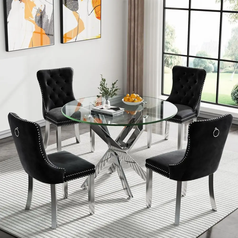 

4-Seat Glass Dining Table Set with Velvet Chairs