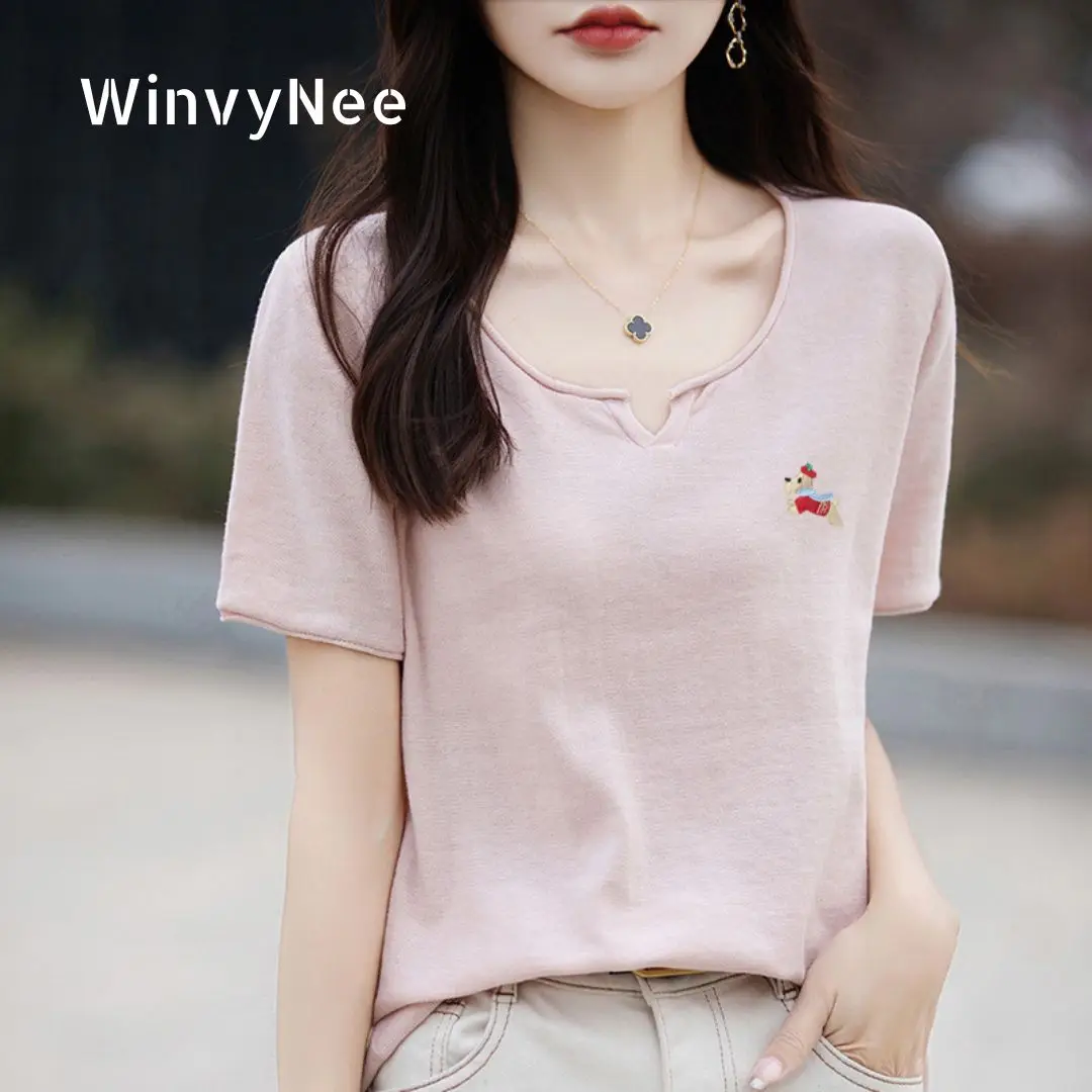 

WinvyNee Spring Summer Women 100% Cotton V Neck Sweater Knitted Top Solid Horse Short Sleeve Casual Pullover T-Shirt A1532005