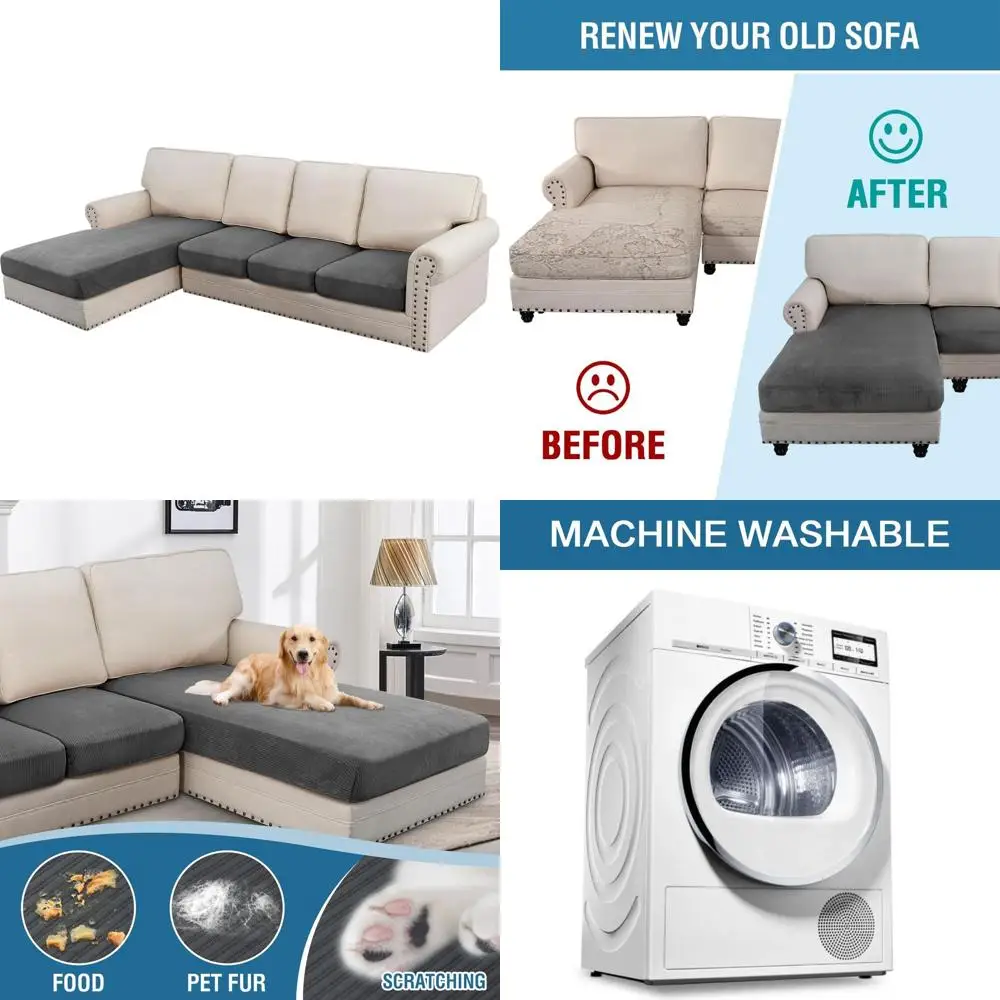 

Серый полосатый комплект из 4-х частей: чехол для L-образного дивана с 3-мя сиденьями и оттоманкой из эластичного велюра