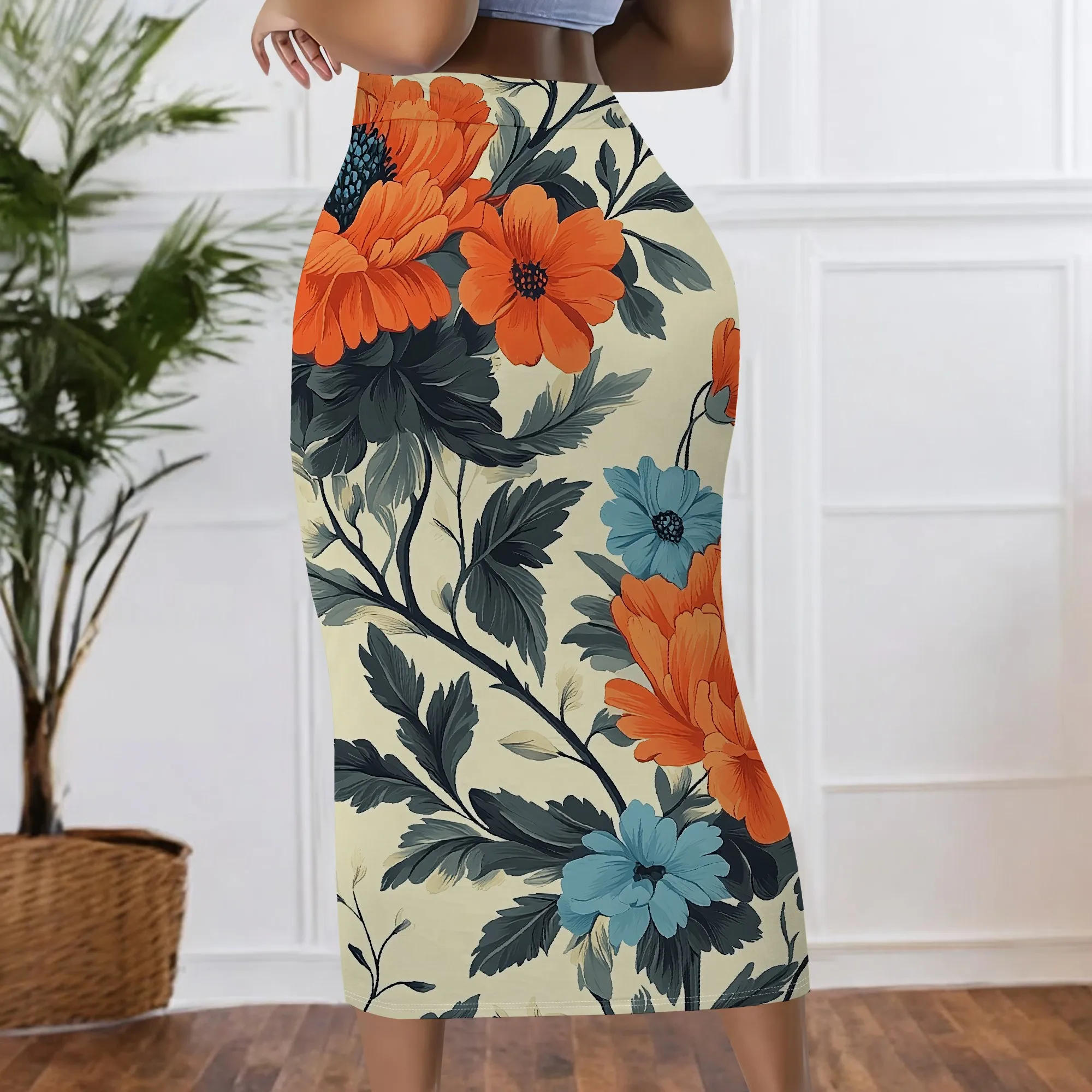 Blumenmuster Bleistiftrock, Orange-Blauer Midi-Rock, Hochtaillierter Bodycon-Rock, Elegante Bürokleidung, S-2XL – Detail 4