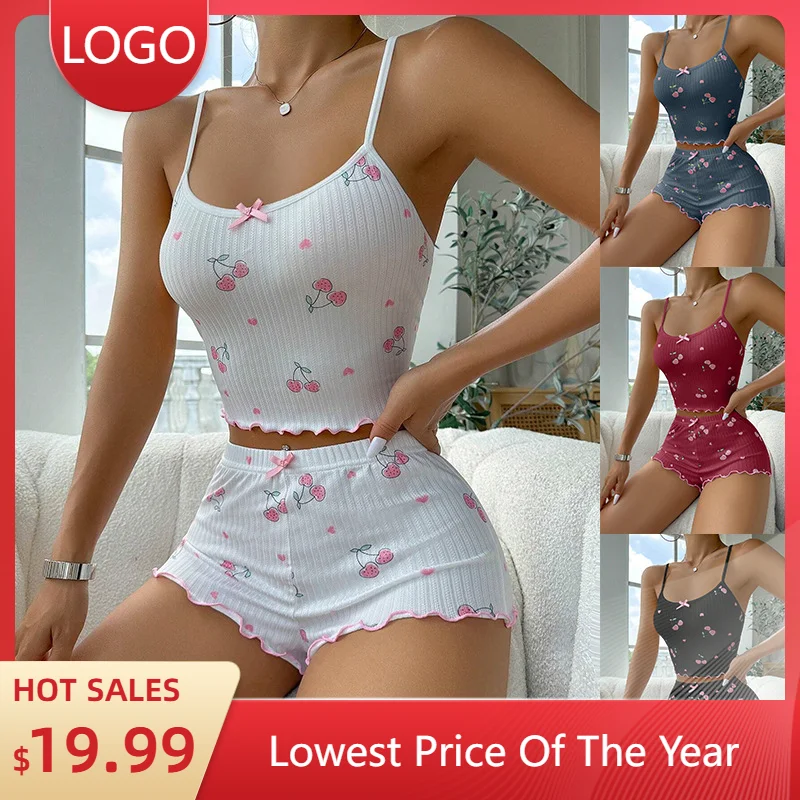 

2025European and American Summer Strap Elastic Shorts Pajama Set for Women Jacquard Print Ladies Loungewear