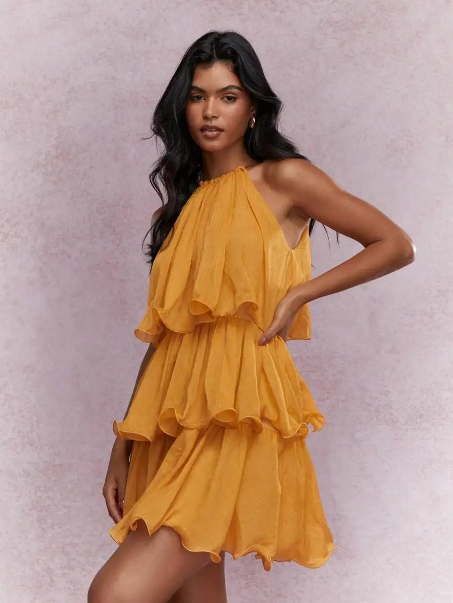 

Mustard Yellow Tiered Ruffle Halter Mini Dress Flowy Sleeveless Party Sundress