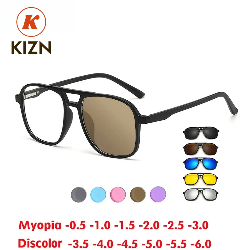 

KIZN Discolored Tea Myopia Glasses Big Frame 6 In 1 Men Women Polarized Magnetic Sunglasses Clip on Prescription -0.5 TO -6.0