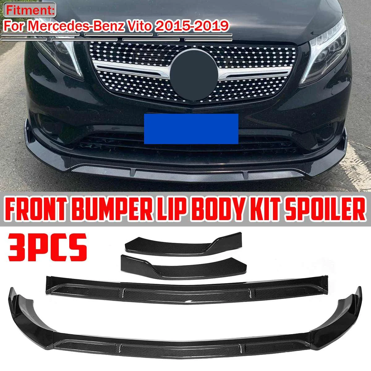 Carbon Fiber Look/Black Car Front Bumper Splitter Lip Chin Diffuser Guard Body Kit Spoiler For Mercedes For Benz Vito 2015-2019