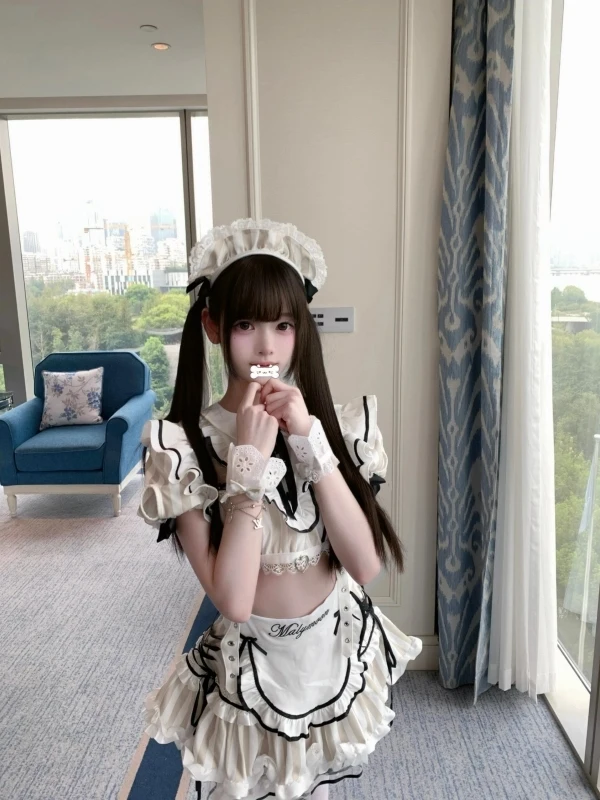 

Kawaii Japanese Sle Cosplay Maid orm Set with Bubble Sves Bow Knot Puffy Skirt Two Piece Summer Faion Women's Outfit