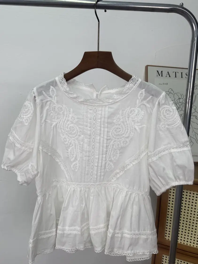 WMXZ Estate Nuovo rotondo Ne Donna Dolce E Piccante Sle Allentato Scava fuori Pizzo Ricamo ort Sve Bianco irt Casual Sle