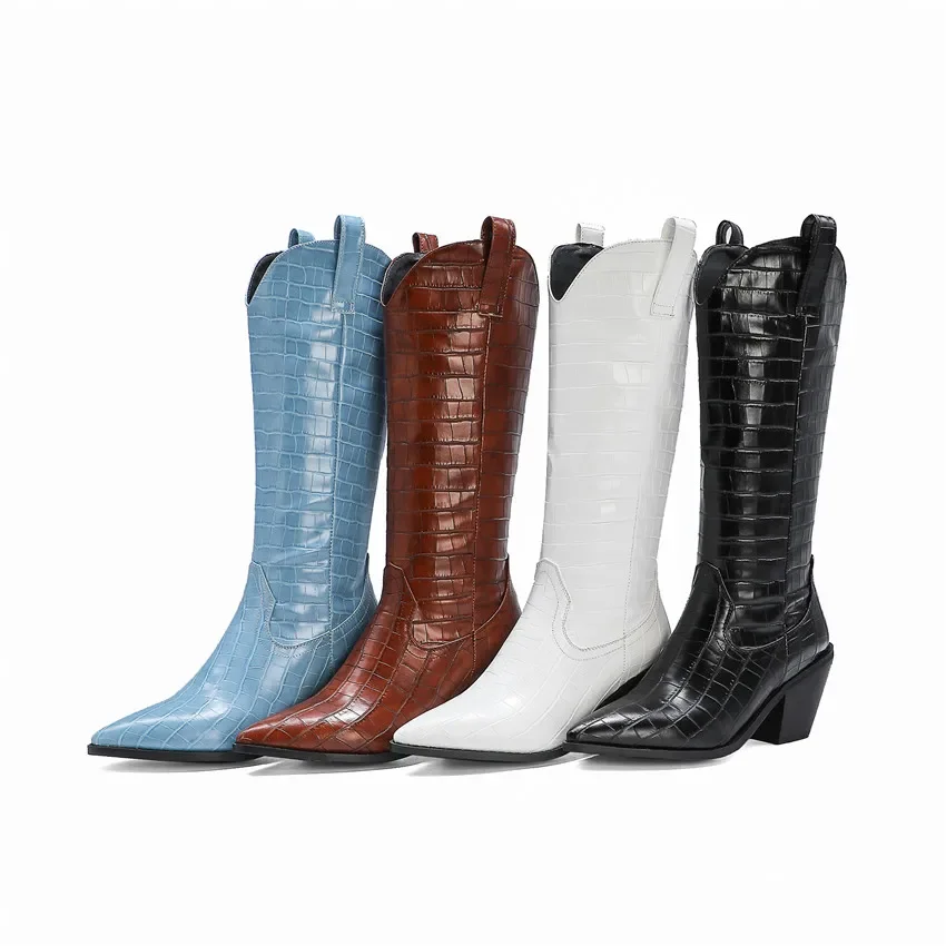 Fashion Crocodile Print Western Knee High Boots Women Cowboy Brown Blue Block Heels Winter Party Lady Slip-on Cowgirl Long Boots