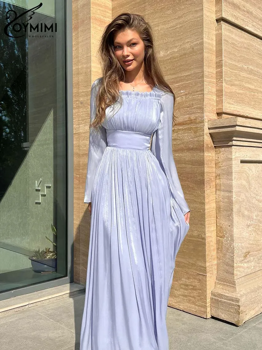 Oymimi Casual Blue Square Neck Dresses For Women Elegant Ruffled Long Sleeve Dresses Fashion High Waisted Ankle-Length Dress