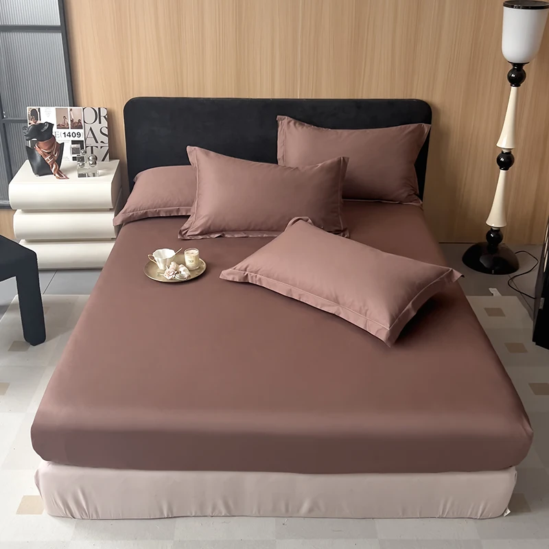 Chocolate Color Cotton Fitted Sheet Simple Solid Color Bed Sheets 3pcs Bedding Sheet Women Men Bedroom Sheet with 2 Pillowcases