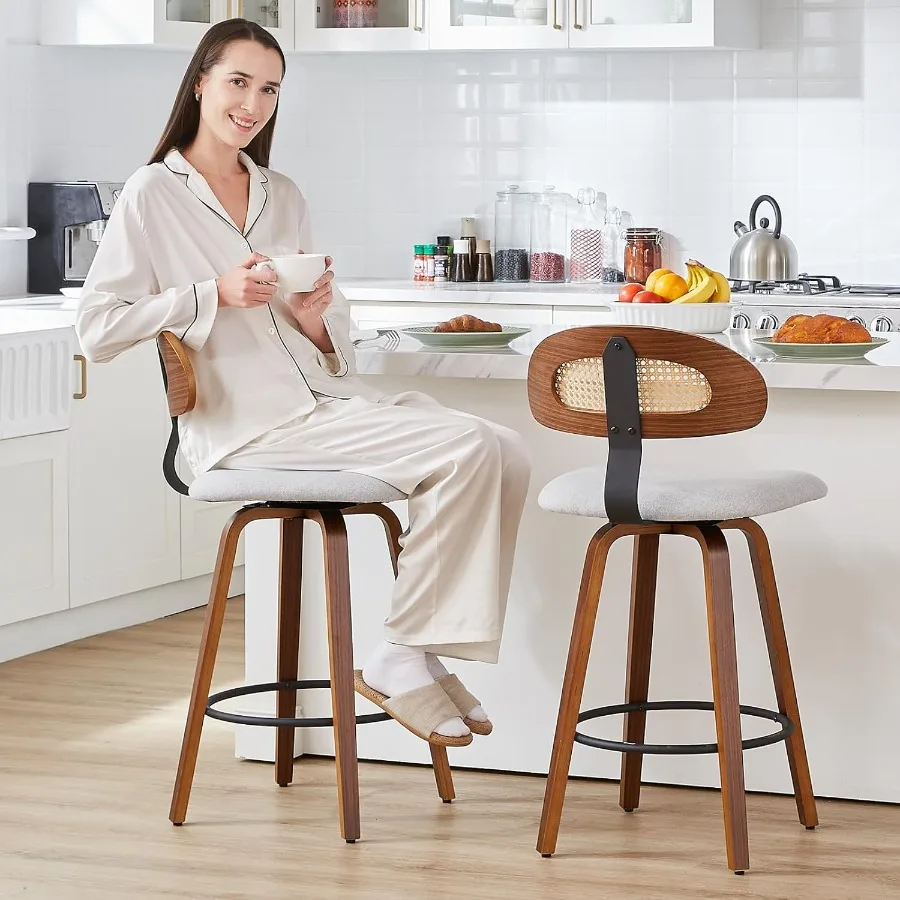 Swivel Counter Height Bar Stools 26 Upholstered Seat with Rattan Back and Bentwood Frame in Grey Mid Century Modern Design for